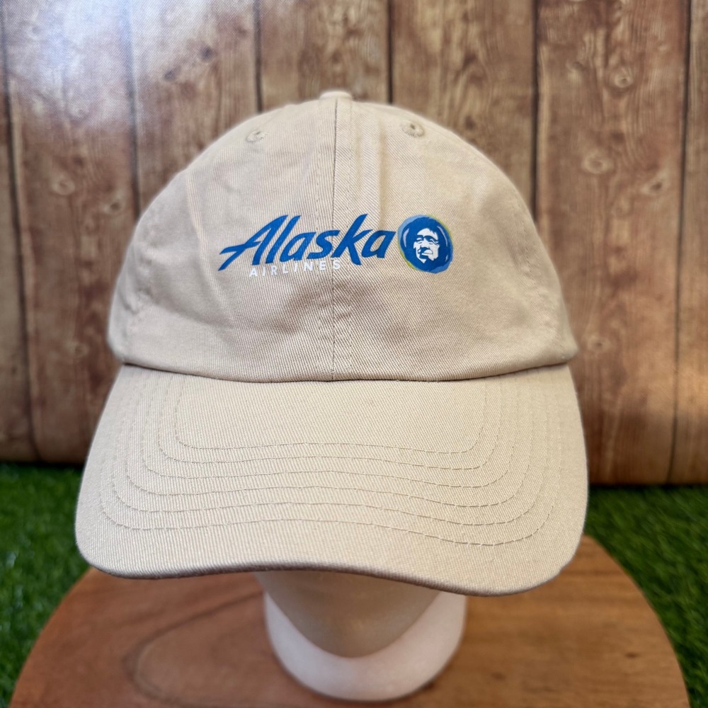 Alaska Airlines Logo Baseball Cap Mens One Size Beige Adjustable Strap Hat